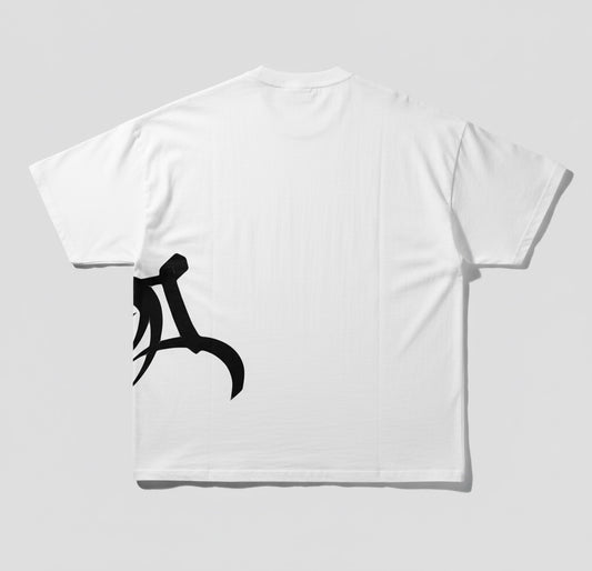 Basic white T-shirt with a round neck and rolled-up sleeves