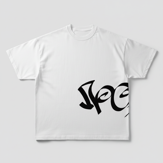 Basic white T-shirt with a round neck and rolled-up sleeves